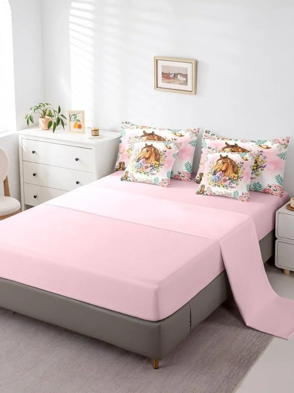 Western Cowgirl Horse Twin Bedding Set 7 Piece for Girls Kids,Cute Boho Pink Flo